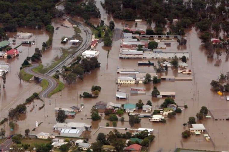 An aerial view shows flooded area in Chinchilla, southern Queensland state, Australia, on Dec. 29.  A total of 1,000 people were evacuated from the town of Theodore and other parts of central and Queensland with swollen rivers there expected to rise higher in coming days. 